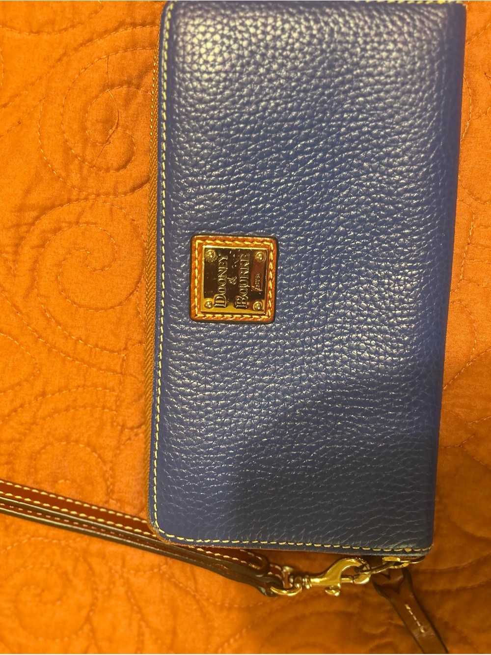 Dooney & Bourke Royal Blue Pebbled Leather Wristlet with Gold Plaque